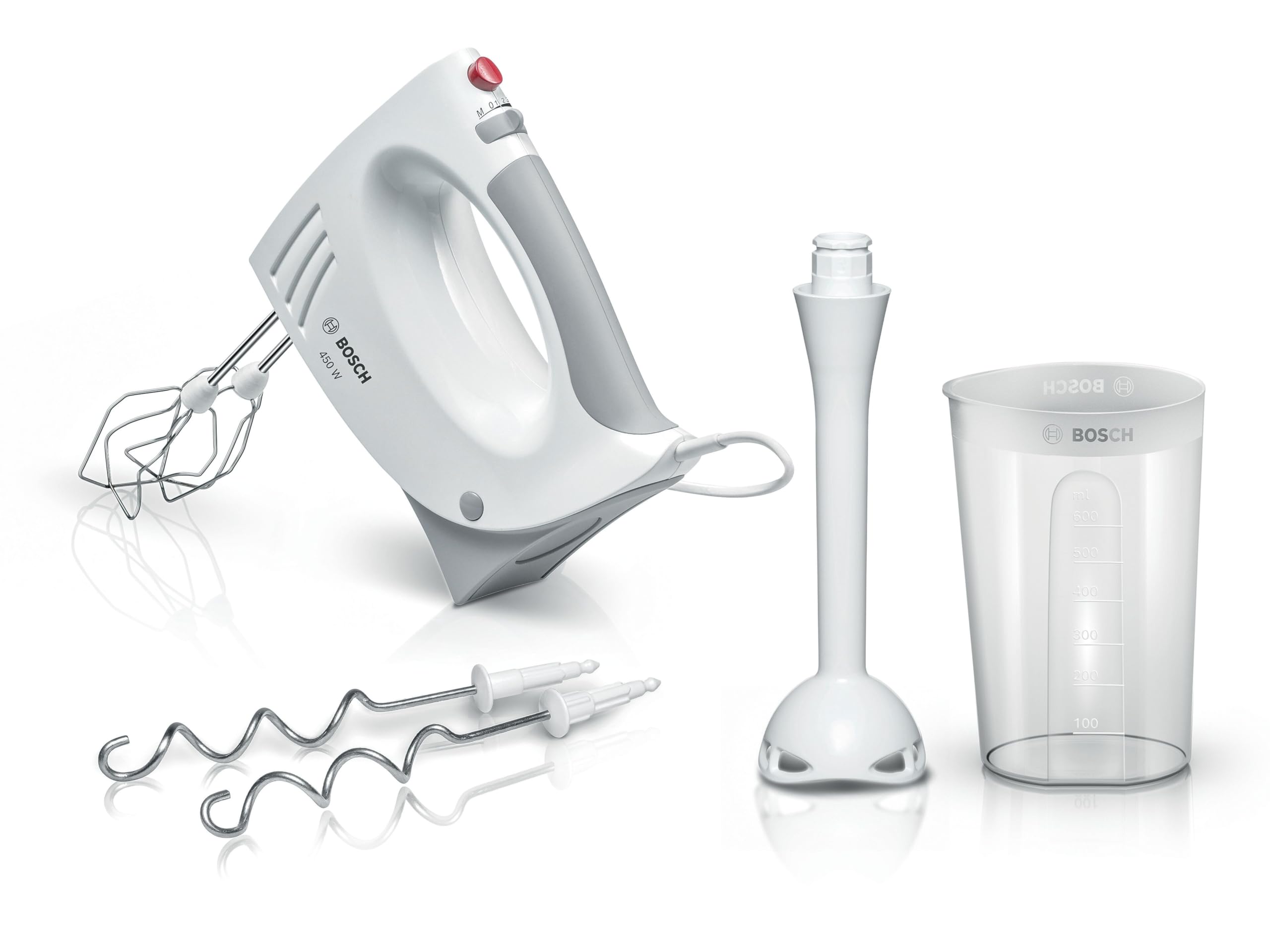 Bosch Handrührer MFQ3540, Handrührgerät, 2 Rührbesen, 2 Edelstahl-Knethaken, spülmaschinengeeignet, 5 Stufen, Pürierstab, Mixbecher, 450 W, weiß