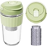 HY3 Leak-proof Glass Coffee Mug with Lock Lid, 17oz Reusable Coffee Cup with Stainless Steel Filter, Travel Tea and Fruit Infuser with Handle, BPA-free Dishwasher Safe (Forest Green)