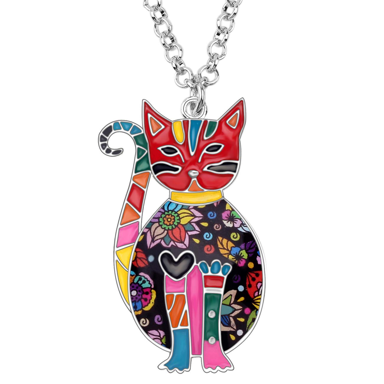 NEWEI Enamel Sitting Kitten Cat Necklace Pendant Floral Cat Jewelry Gifts for Women Girls (Multicolor)