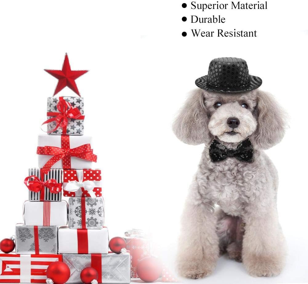 Pet Hat Bow Tie Set Black Sequin Pet Hat Cap Bow Tie Set for Pet Dogs Cats Fashionable Retractable Shiny Dogs Cats Pet Supplies Christmas Birthday Party Festival Daily - Image 3