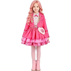 Mukola Kids Princess Pink of Wonderland Cosplay Costume Set 4-12Y | 5pcs, Long Sleeves Jacket, Cute Heart Print Dress, with A