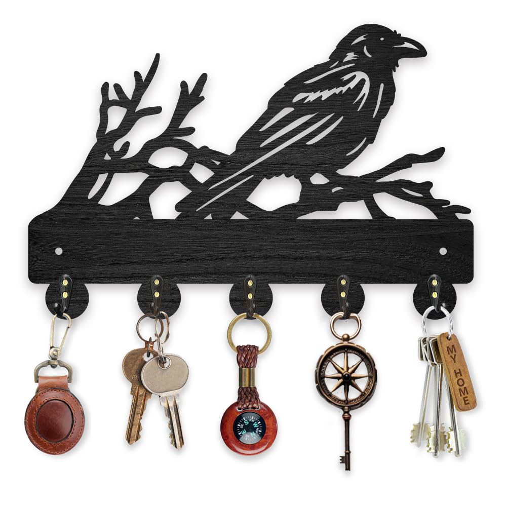 Photo 1 of MAYJOYDIY Wood Tree Branch Crow Key Hook Animal Bird Key Holder Wall Mount 11.8×7.9inch Black Key Holder 5 Alloy Hooks Home Decor Gifts Entryway Kitchen Bathroom Storage Organizer