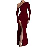 Memoriesea Women's One Shoulder Long Sleeve Sexy High Slit Wedding Guest Party Maxi Dress