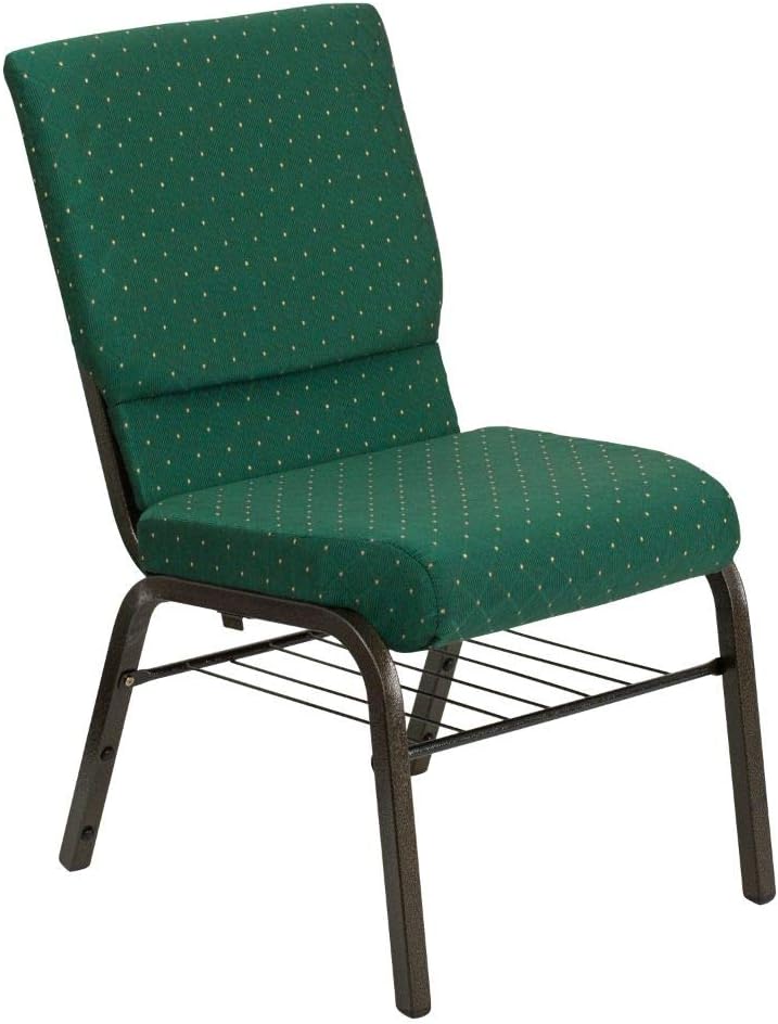 Flash Furniture HERCULES Series 18.5''W Church Chair in Green Patterned Fabric with Book Rack - Gold Vein Frame