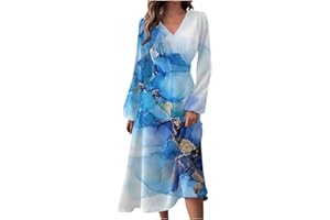 BTLYUIOAPE Fall Dresses for Women Women's Autumn and Winter Casual Fashion V-Neck Long Sleeve Floral Print Long Dress