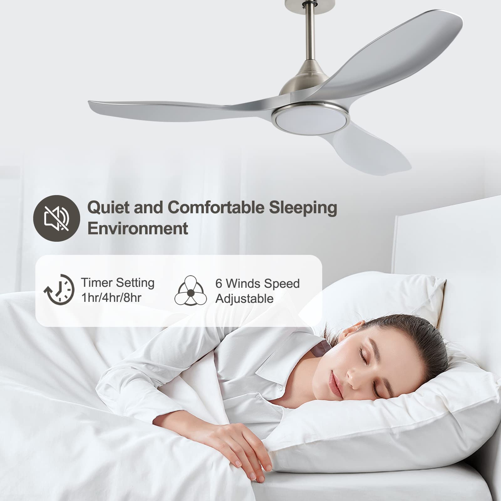 52 Inch Quiet DC Motor 6 Speed High CFM Modern Ceiling Fan with Lights Remote Control, 3 Blade Indoor Silver Ceiling Fan for Bedroom, Office, Living Room