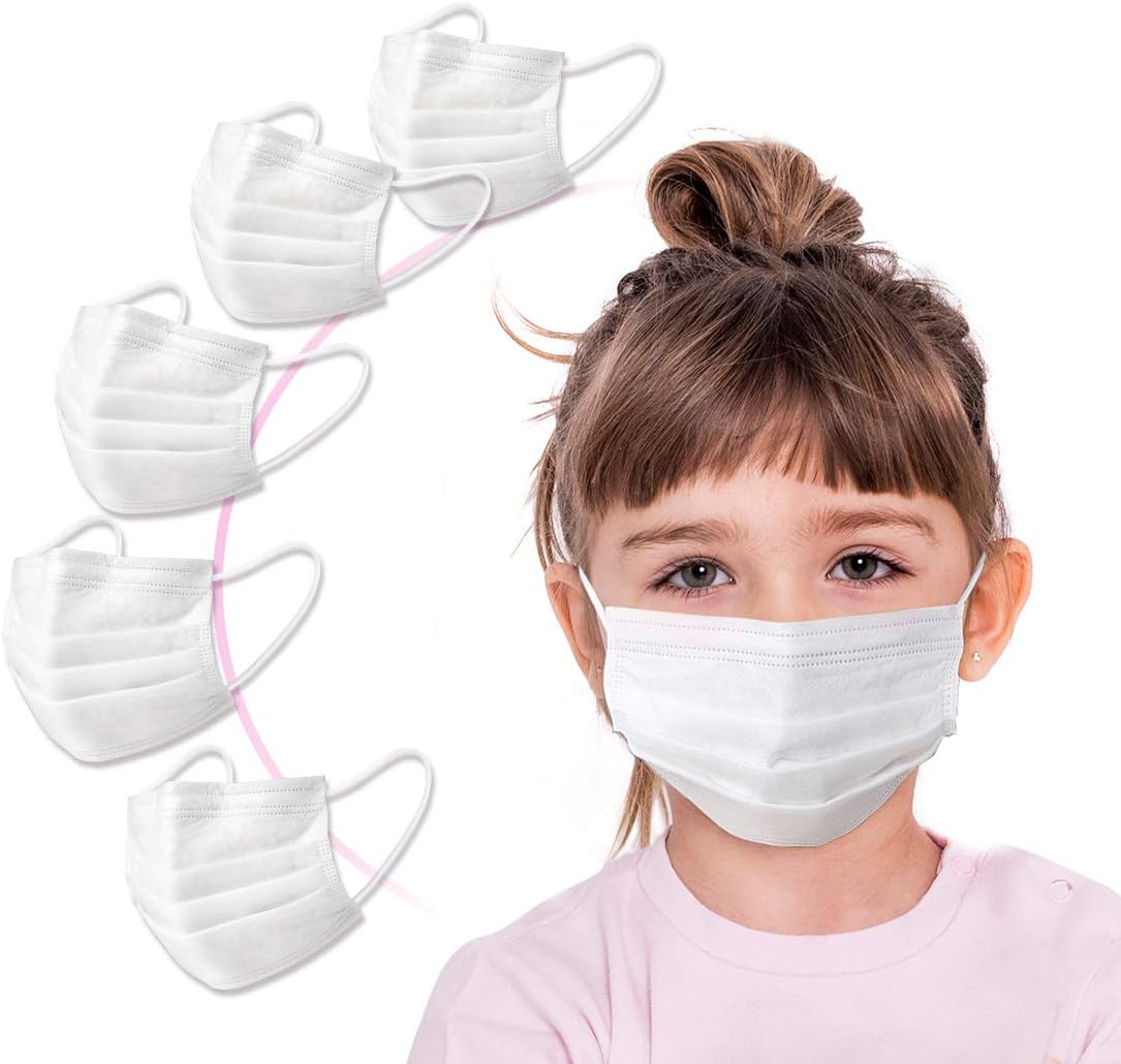 Kids Three Layer Disposable Face Cover, Breathable with Earloops and Nose Clip, White, 50PCS