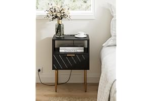 AEPOALUA Nightstand with Charging Station,Small Bedside Table with Drawer,Black Night Stand, Bedside Furniture, End Table with Gold Frame,Drawer Dresser for Bedroom,Living Room,Diamond