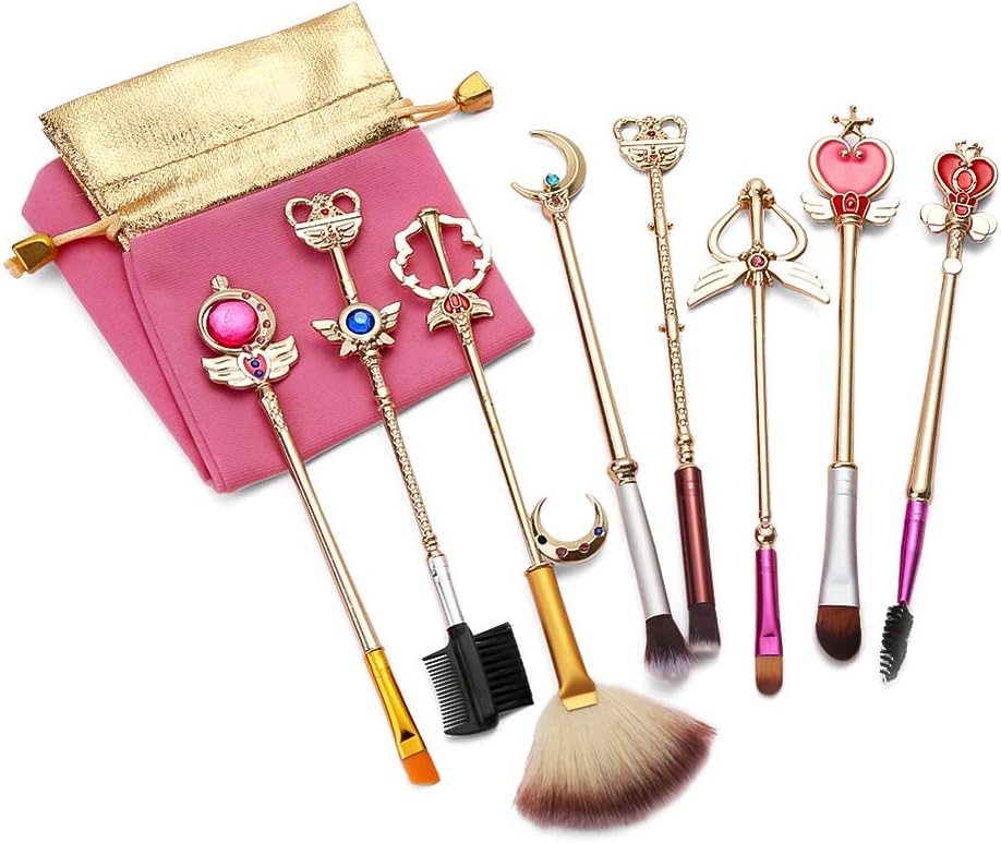YINUO Makeup Brush Set of Sailor Moon&Sakura with Pink Brush Bag Gold Alloy Handle Foundation Powder Flat Eyeline Blush Brushes Set for Women Girls Birthday Gift Pack of 8 (Gold A)