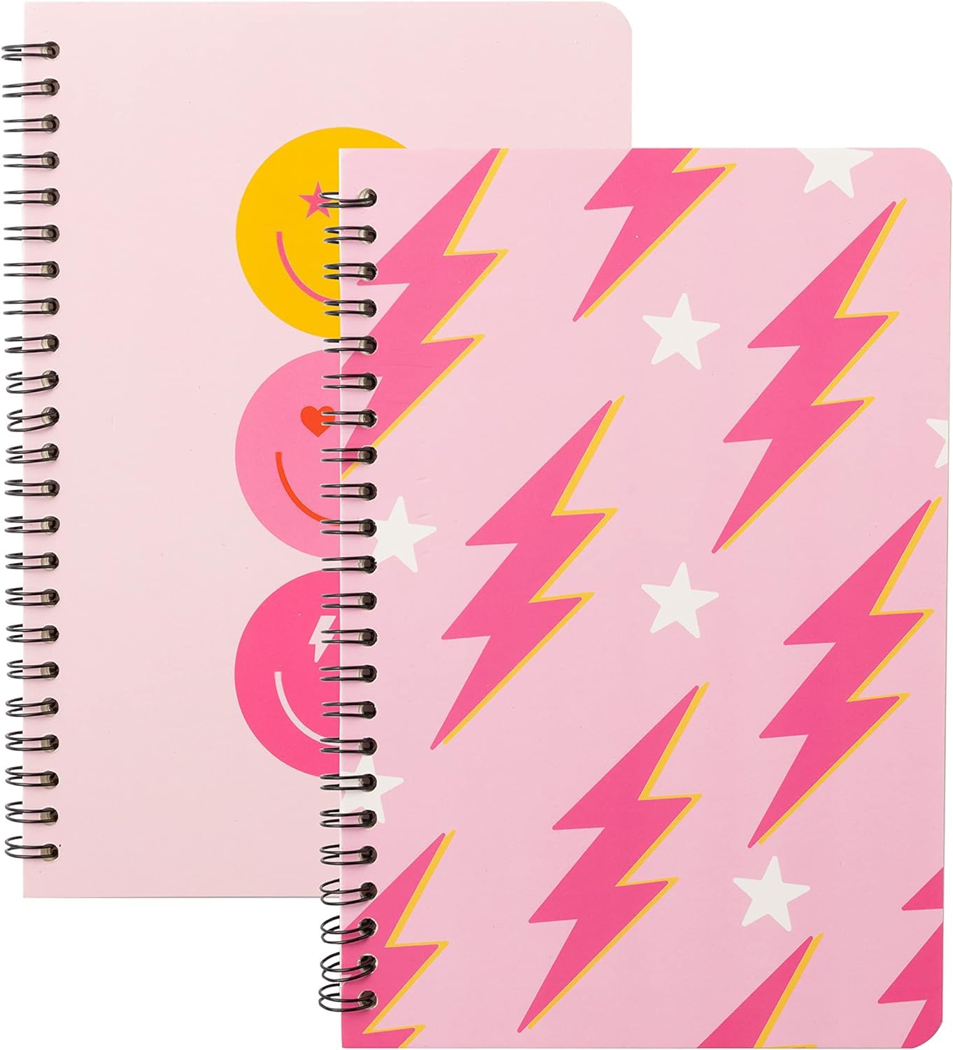 A1DIEE 2Pcs Preppy Pink A5 Spiral Notebooks Groovy Boho Hippie Wirebound Journal Lightning Smile Face Stars Metallic Wirebound Notepads for Girls Women School Office Diary Supplies, 50 Lined Pages