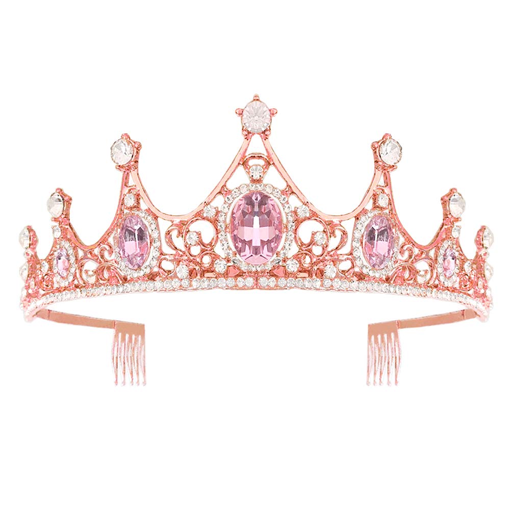 Rhinestone Wedding Tiara, Wedding Bride Tiara Princess Crown Women Headdress for Photography Props Party (Rose Gold and Pink)