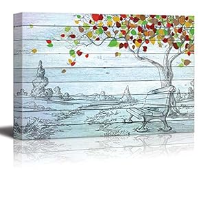 Sketch of a Park with a Bench Sitting Under a Tree with Colorful Leaves Over Blue Wood Panels - Canvas Art Home Art - 12x18 inches