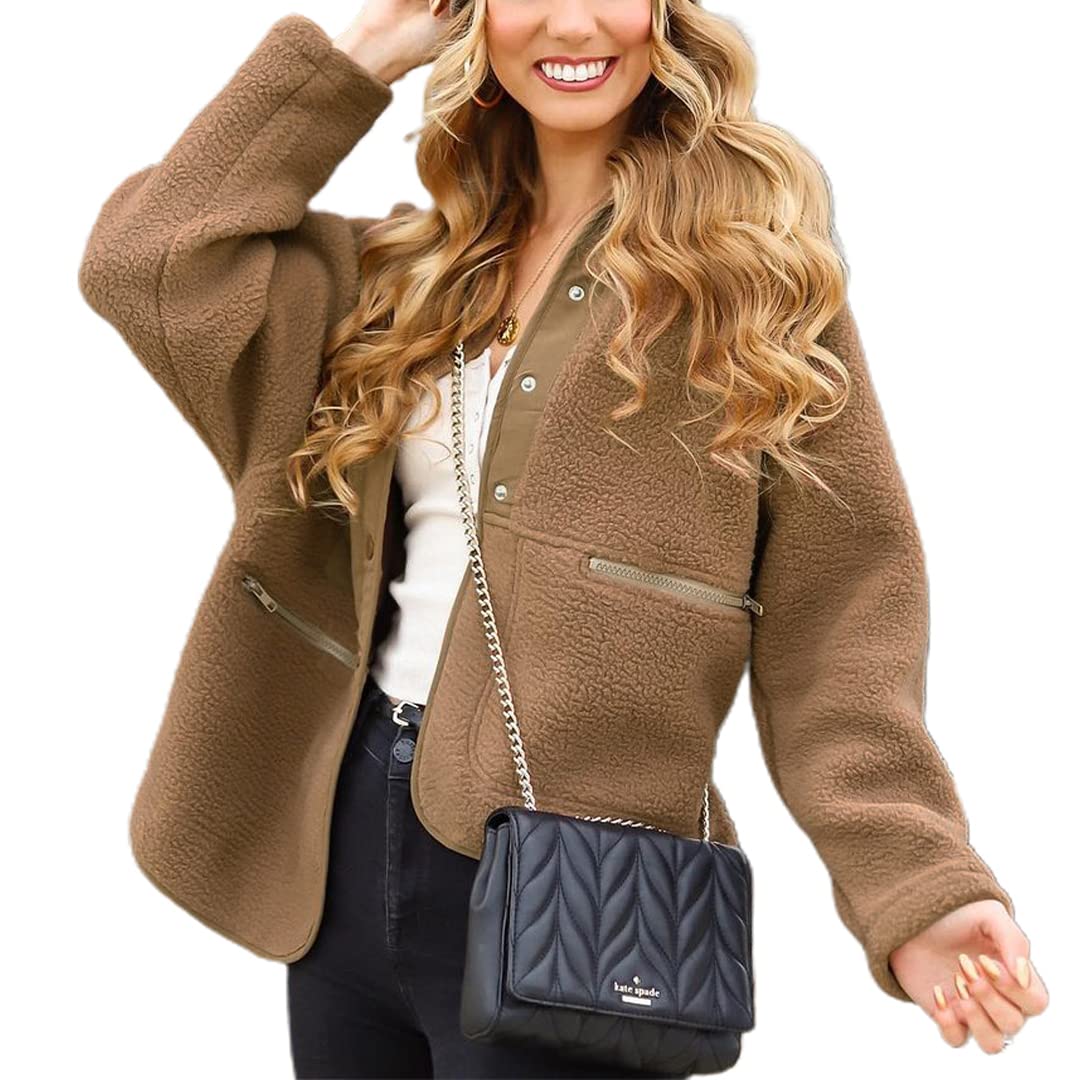 Photo 1 of PRETTYGARDEN Women 2024 Fall Winter Fleece Jacket Long Sleeve Casual Button Fuzzy Sherpa Cropped Coats Outerwear with Pockets(Camel (UNKNOWN SIZE)