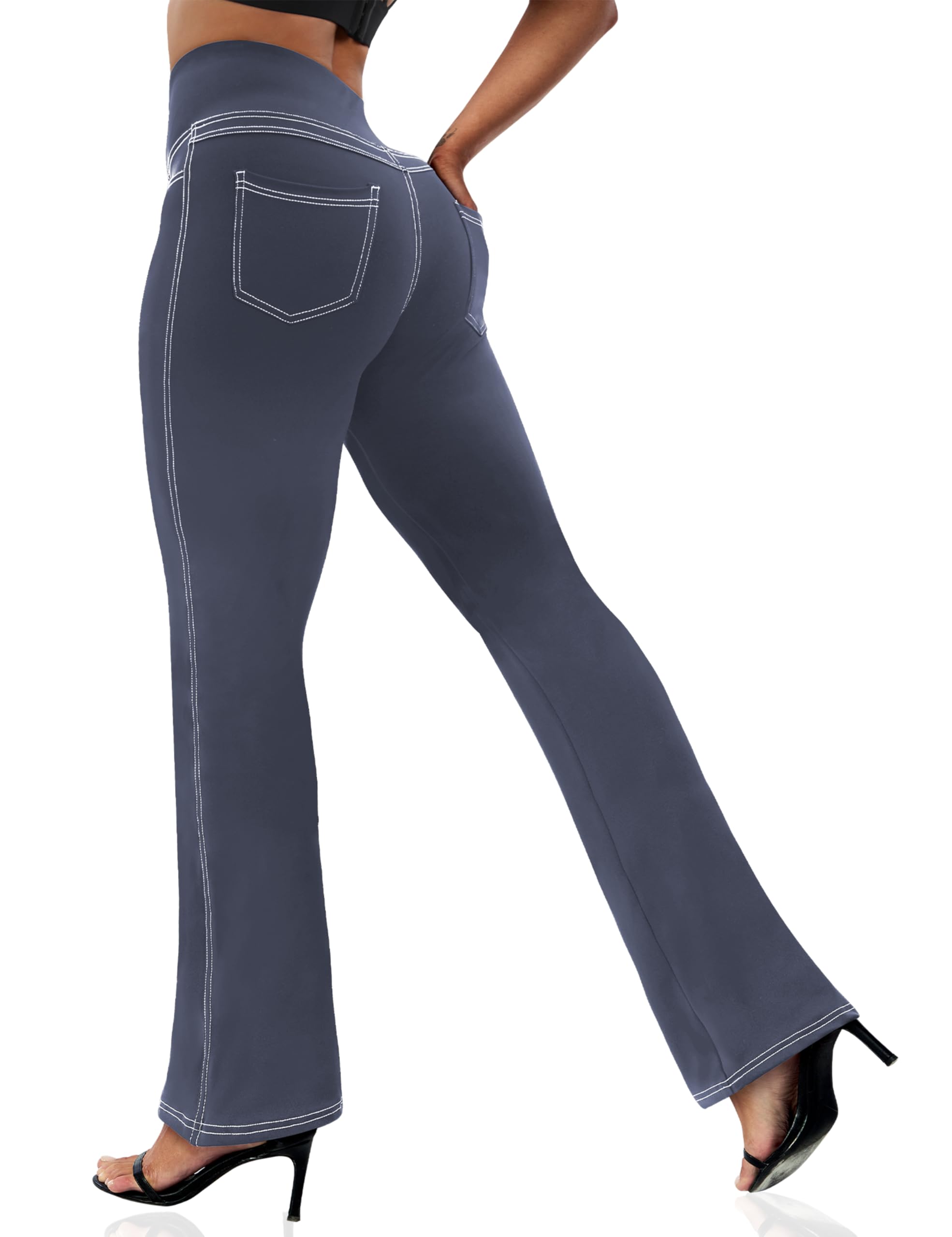 VOOVEEYA Women's Bootcut Leggings - Bootleg Yoga Pants Flare with 4 Pockets,Tummy Control High Waisted Casual Dress Pants（Petite Grey Blue-L） Image