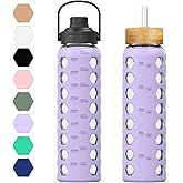 MUKOKO 32oz Glass Water Bottles with 2 Lids-Handle Spout Lid&Bamboo Straw Lid, Motivational Water Tumbler with Time Marker Reminder and Silicone Sleeve, Leakproof-Purple-1 Pack