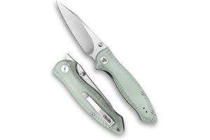 TRIVISA Pocket Knife for Men,3in Front Flipper Thumb Studs Stonewashed and Satin 14C28N Blade and Liner Lock Jade G10 Handle with Reversible Clip,Folding Outdoor Camping Hunting EDC Knives,Delphinus-03