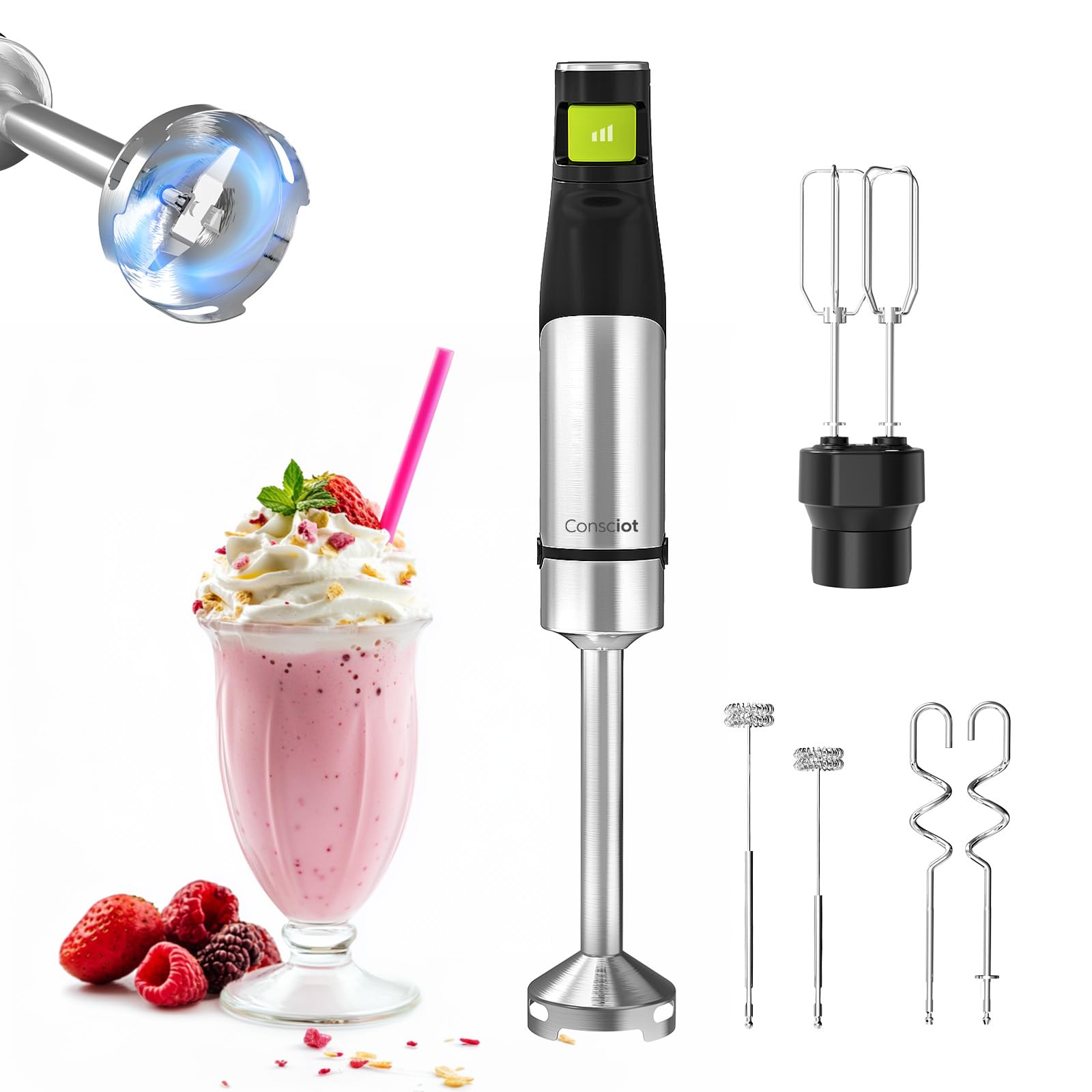 Photo 1 of Consciot 4-in-1 Immersion Blender Handheld Max 1100W, Corded Stick Emulsifier with Entire Stainless Steel Blender Shaft, Trigger Speed Control, For Blending, Beating, Frothing, Mixing & More, Non-BPA