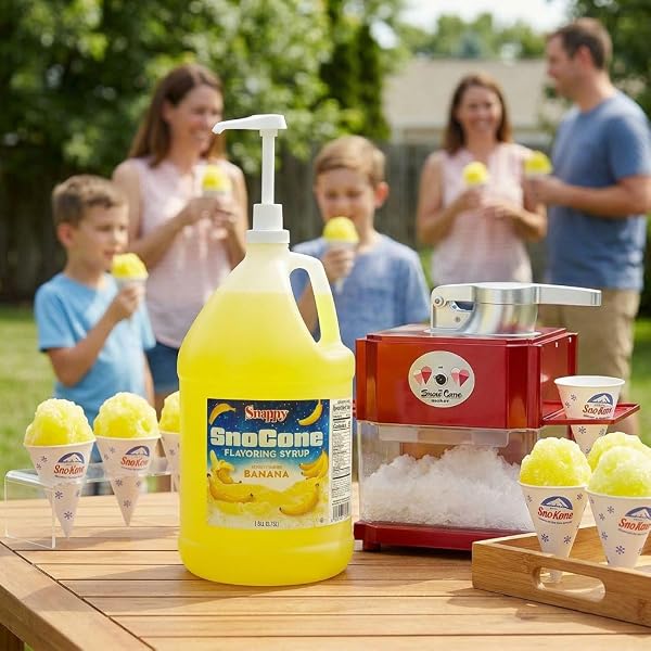 SNAPPY BANANA SNO CONE SYRUP, 1 GALLON (128 OZ), READY TO USE FOR SNOW CONE MACHINES AND SHAVED ICE