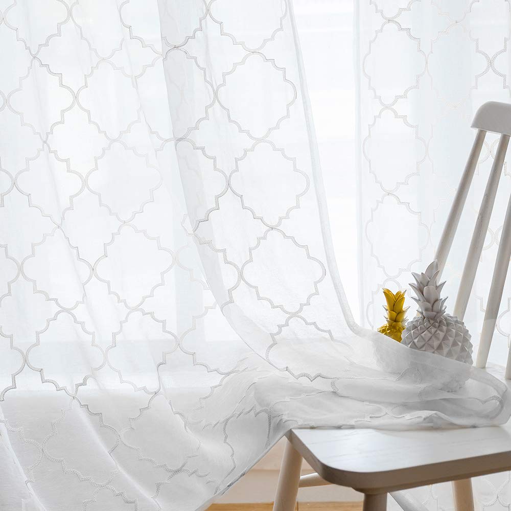 MYSTIC-HOME Floral Sheer Curtains White 63 Inch Length, Rod Pocket Voile Drapes Bedroom, Semi Crinkle Curtain Panels Set of 2, Trellis White, 52" Wx95 L