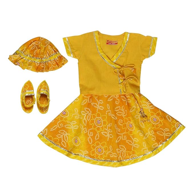 Exclusive from Jaipur By Hopscotch Girls Cotton Pain Top Bandhej Ghaghra With Cap & Juti Set in Yellow Color