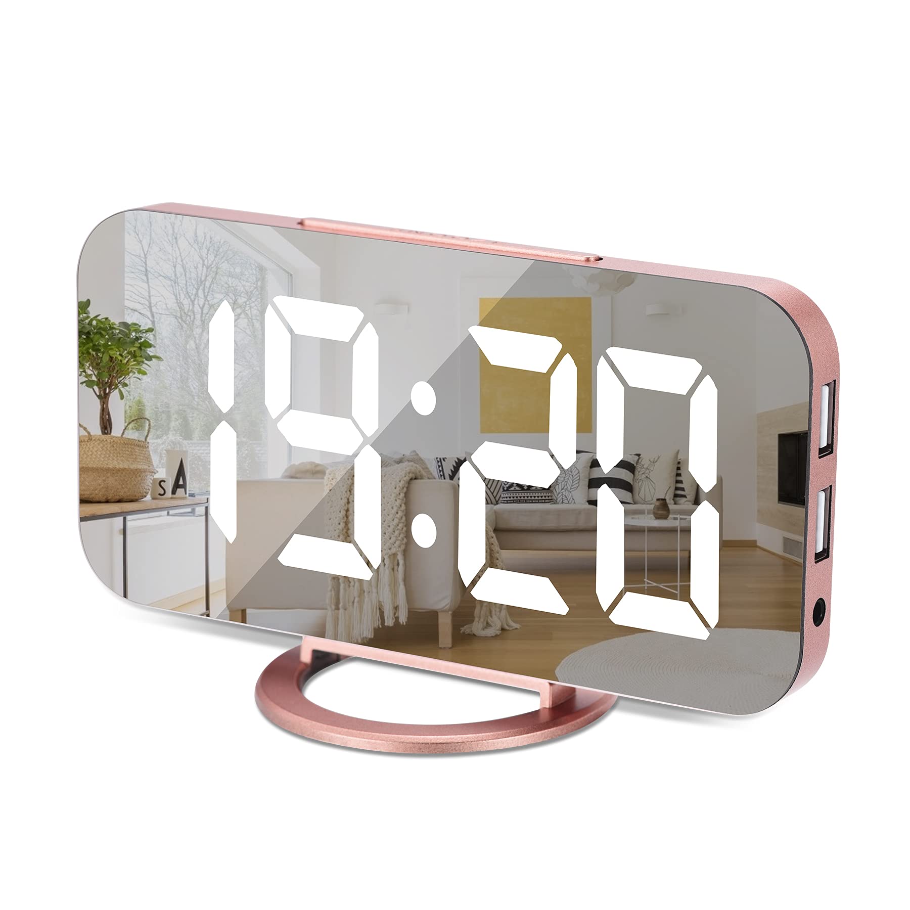SZELAM Digital Clock Large Display, LED Electric Alarm Clock Mirror Surface for Makeup with Diming Mode, 3 Levels Brightness, Dual USB Ports Modern Decoration for Home Bedroom Decor — image 1