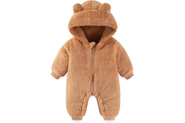 AiWMGL Baby Bear Hooded Fleece Romper Snowsuit | Cozy one-piece fleece jumpsuit with full-zip and elastic cuffs for winter.