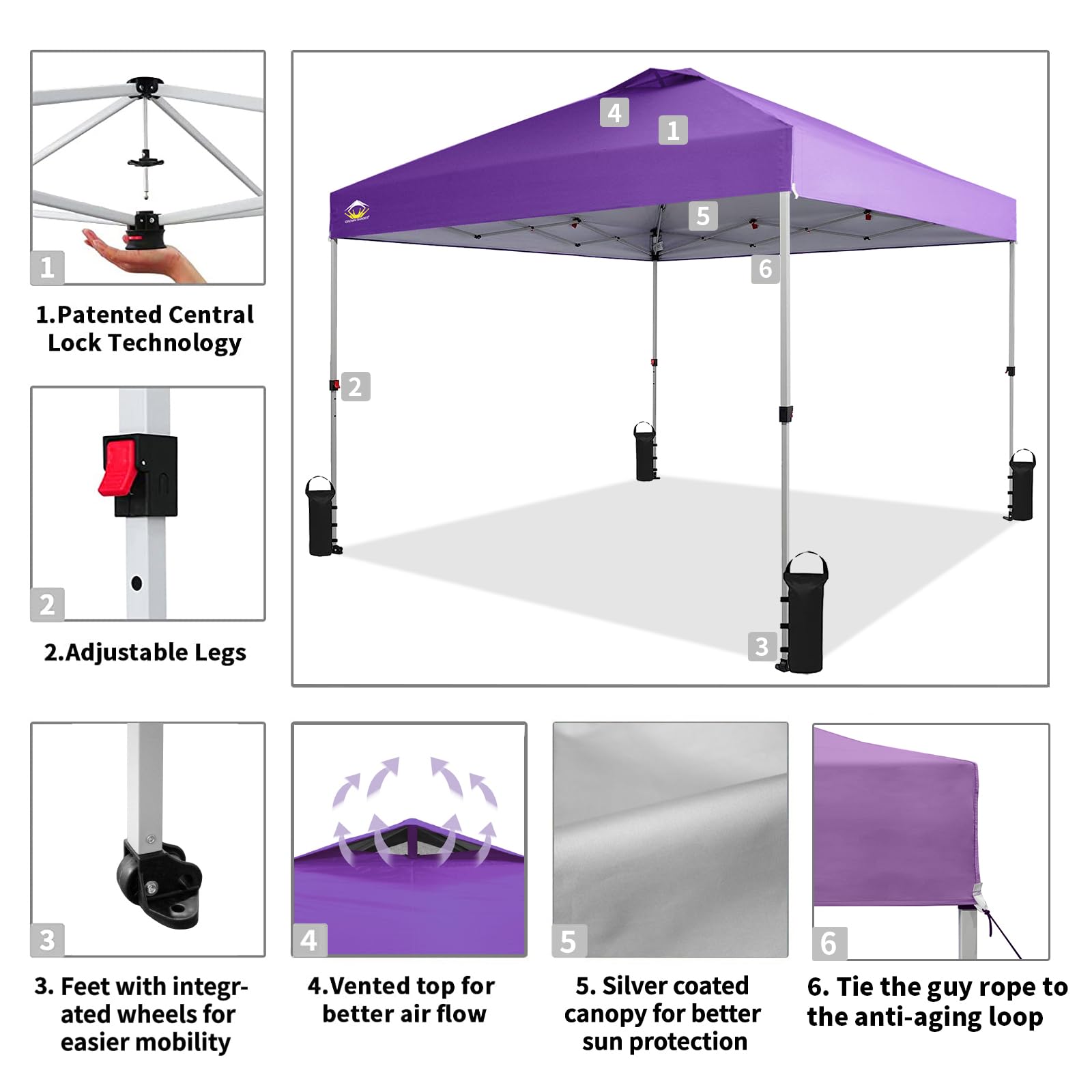 CROWN SHADES 10x10 Pop Up Canopy - Beach Tent with One Push Setup - Easy Outdoor Sun Shade for Events, Parties, Camping - Gazebo with STO-N-Go Cover Bag, Silver Coated Top, Purple