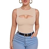 ALGALAROUND Sleeveless Tank Tops for Women Cut Out Front Ribbed Tshirt Crew Neck Casual Shirt