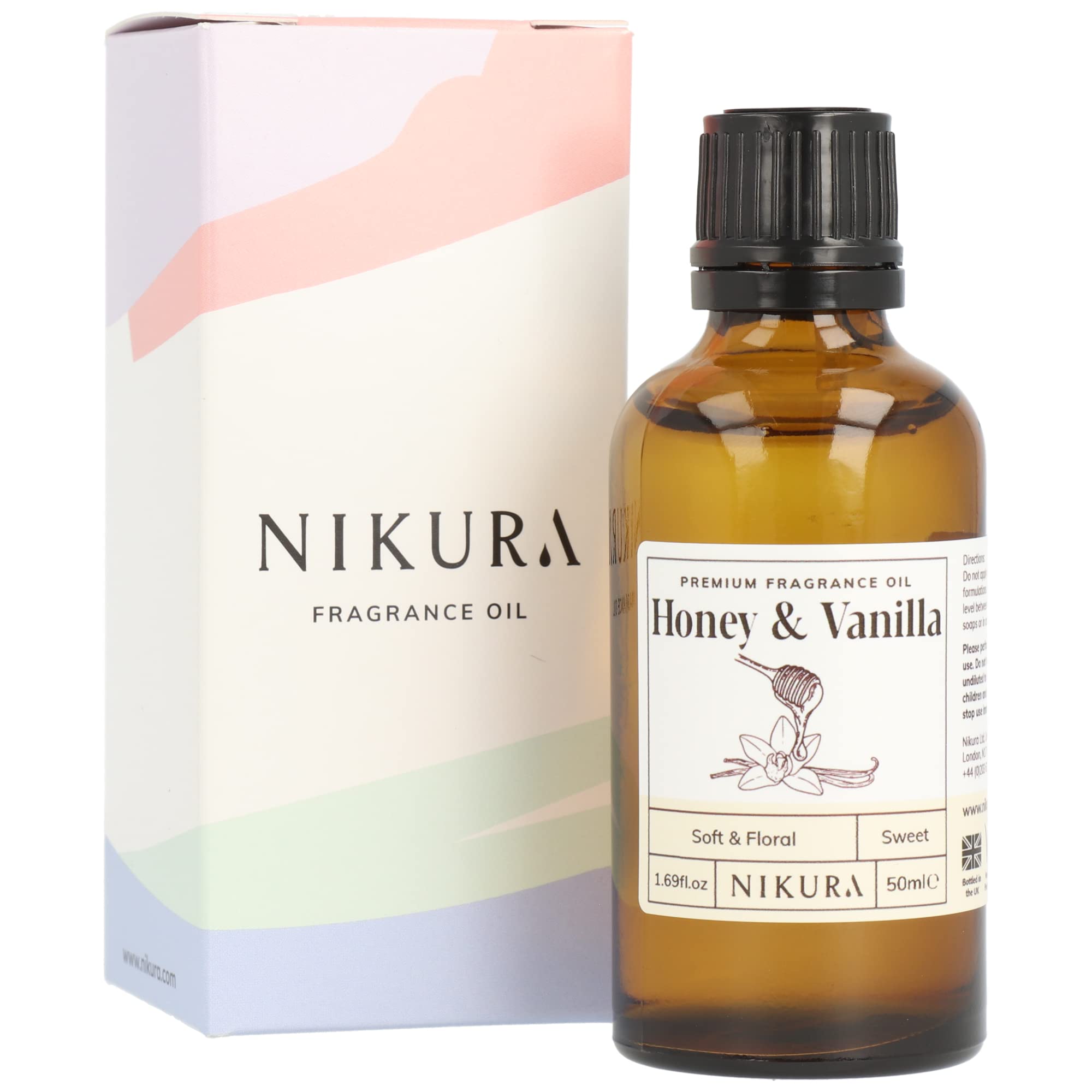 Nikura Honey & Vanilla Fragrance Oil - 50ml | for Gifts, Diffusers, Candle Making, Soap Making | Great for use in Bath Bombs, Perfume Oil, Perfume Scents | Vegan & UK Made