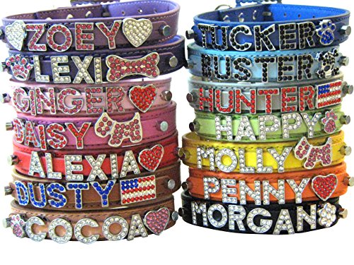 Bling Stuff For Fun TM - Plain PU Leather Personalized Rhinestone Bling Dog Name Collar for Large, Medium, Small Dogs and Puppies (Black, S: Neck Size 9.8"-12")
