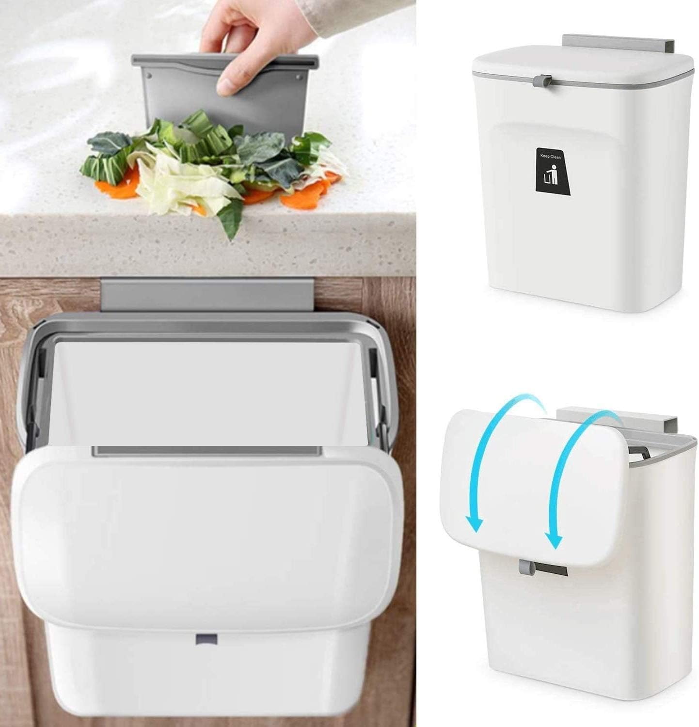 PILITO Kitchen Door Hanging Trash Can with Lid, 2.4