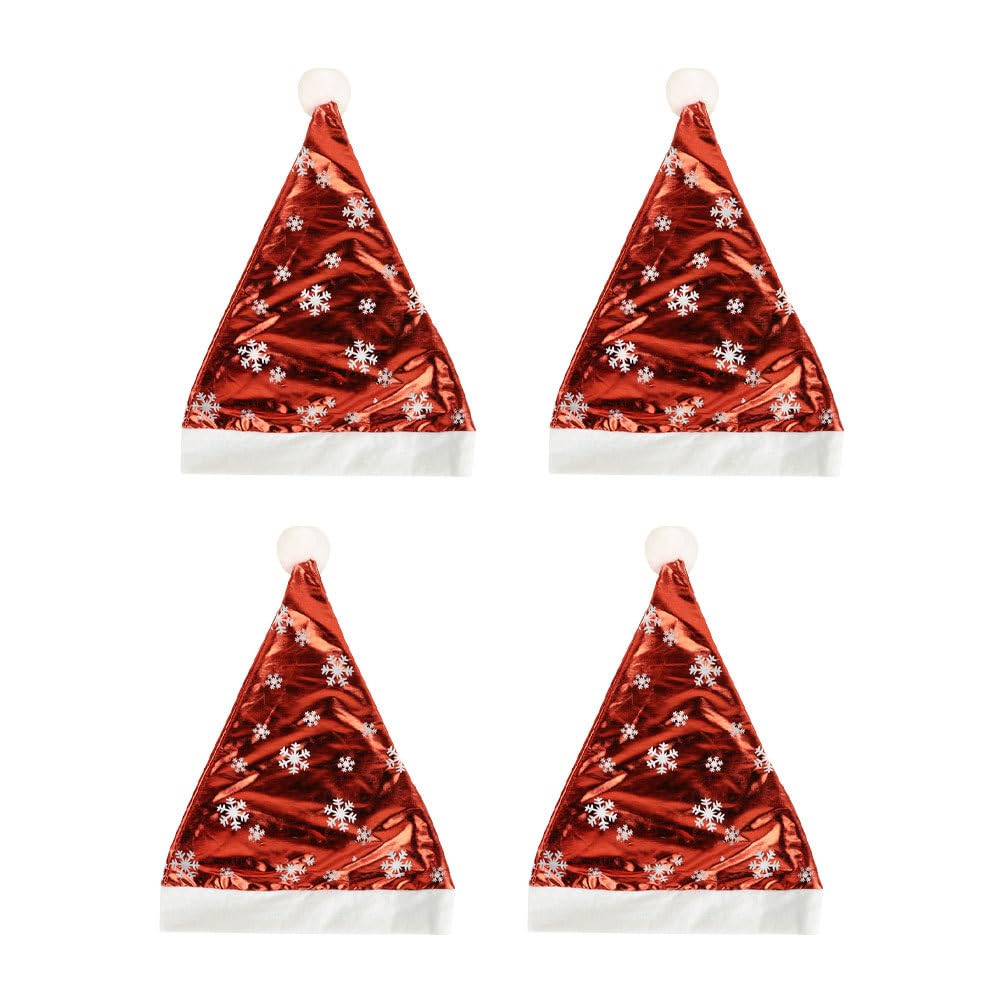 4pcs Santa Beanie Hat Childrens Santa Hats for Kids Plush Christmas Glitter Prited Plush Tree Topper Red Glitter Snowflake Christmas