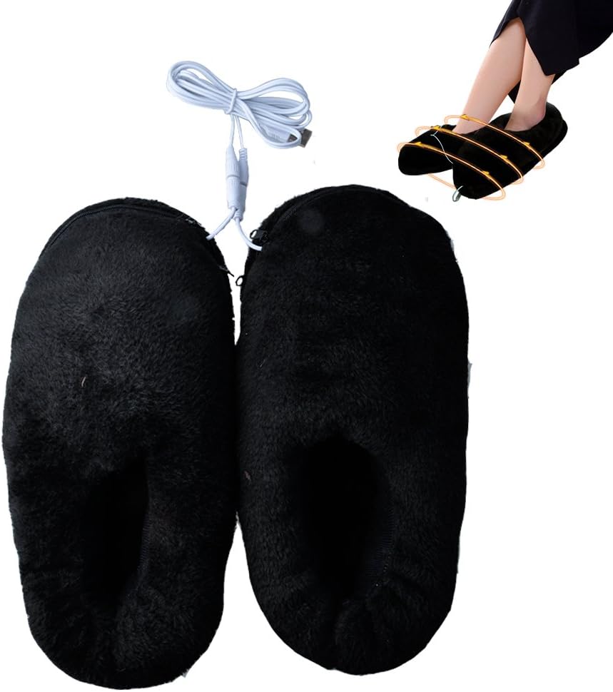Lifemall Unisex Furry Heated Warm Slippers with USB Port, Electric Heating Cotton Shoes (Black)