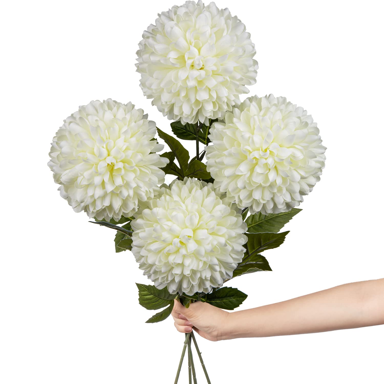 Hollyone 6'' Large Artificial Chrysanthemum Flowers with 25.6'' Long Stem, 4 pcs White Fake Silk Flowers Faux Ball Flower for Home Decor, Bridal, Wedding, Party, Garden, Floral Arrangement