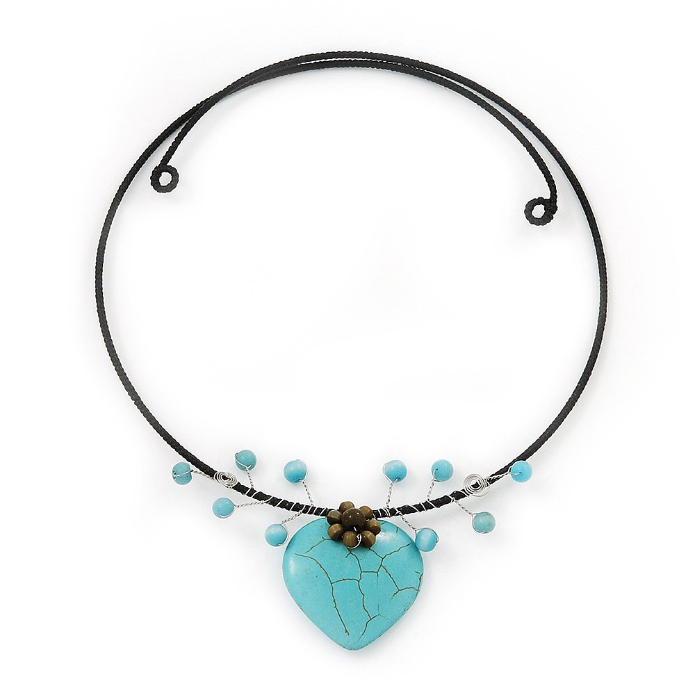 Avalaya Romantic Turquoise Bead Heart Black Cord Flex Choker Necklace - Adjustable