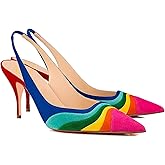 LEHOOR Women Rainbow Slingback Pumps Kitten Heels Pointed Toe Suede, Multicolor High Heel Pumps Stiletto Elastic Strap Closed Toe for Ladies Dress Party 5-13 M US