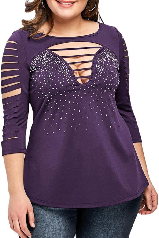 Highpot Plus Size Women Sexy V Neck Cut Out T Shirt Ladder Shredding Tops Blouse