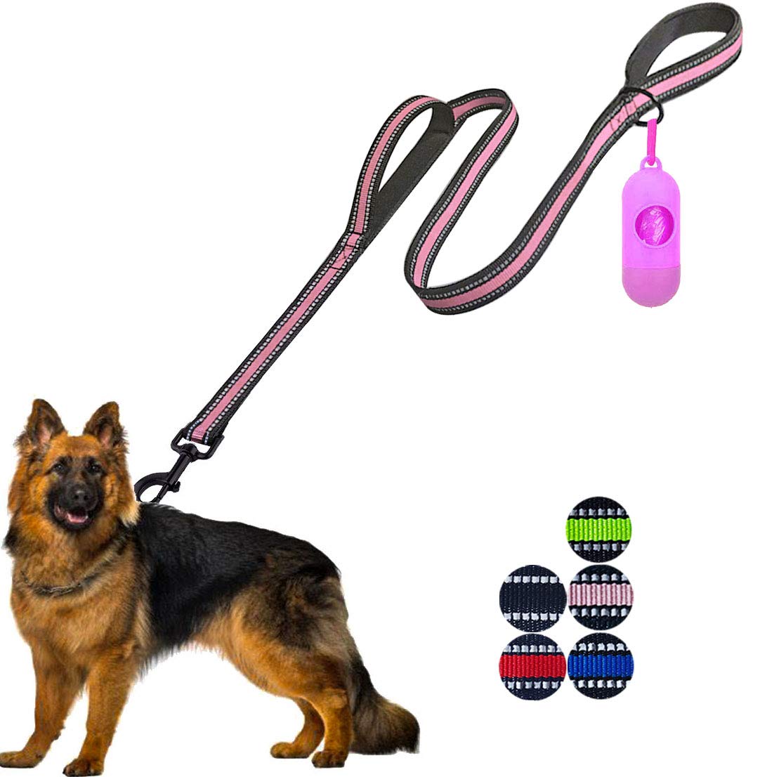 JSXD Double Handle Dog Leash,5 FT Heavy Duty Dog Leashes with Comfortable Padded ,Reflective Dog Leashes for Small Medium Large Dogs Outdoor Training Walking Hiking( Pink)