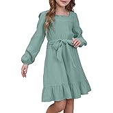 blibean Girls Cotton Long Sleeve Dresses Ruffled Semi Formal Dress Size 6-15 Years