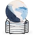 LIFVER Coasters Set of 6 Absorbent Drink Coasters with Holder, Watercolor Marble Style Ceramic Coasters for Home Decor Coffee Table Protection, 4 Inches Suitable for Kinds of Cups Housewarming Gift