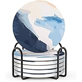 LIFVER Absorbent Drink Coasters with Holder, Set of 6 Ceramic Coasters Set with Cork Base, for Kinds of Drinking Glasses, 4 Inches Stone Coasters for Home Decor, White Elephant Gifts for Adults