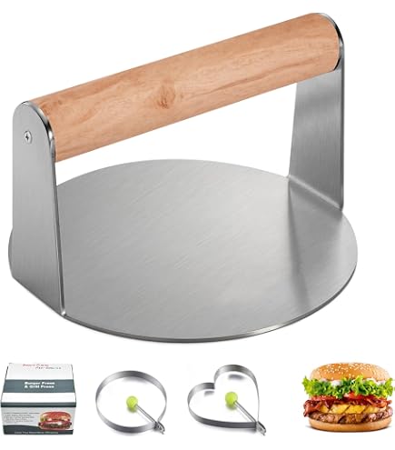 Presse à Hamburger En Acier Inox 304 – 14 Cm Avec Poignée Bois Anti-Brûlure + Décapsuleur Intégré – Idéal Smash Burger BBQ Et Plancha