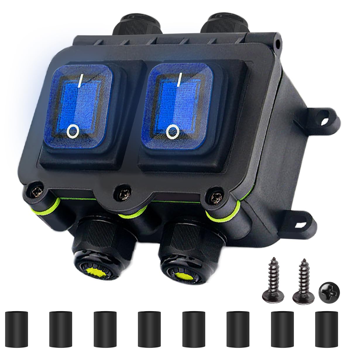 MKBKLLJY IP68 Waterproof Inline Cord Switch DPST DC 12V 20A 4 Pin 2 Position Toggle Switch Outdoor Waterproof Box Two Side Entry And Exit Line ON/OFF With Blue Light KCD4 Screws Heat Shrink Tubing
