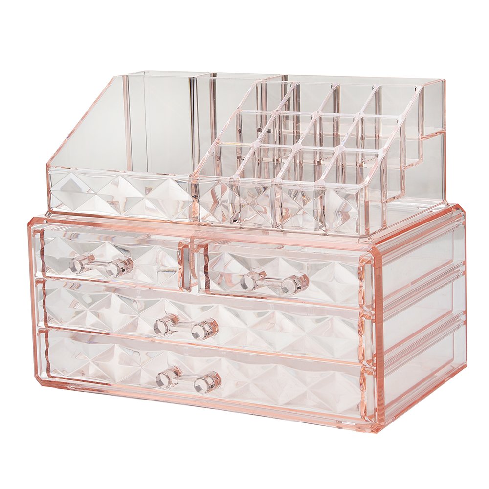 Jewelry and Cosmetic Boxes with Brush Holder - Pink Diamond Pattern Storage Display Cube Including 4 Drawers and 2 Pieces Set: Beauty