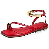 Coutgo Womens Strappy Flat Sandals Flip Flops Open Toe Ring Sandals Metal Ankle Strap Summer Beach Shoes