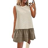 Wenrine Womens Striped Sweatshirt Dress Casual Sleeveless Crewneck Constrast Patchwork Loose Tank Mini Dresses Light Khaki