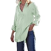 Pretifeel Womens Cotton Linen Tunic Shirts Button Down Long Sleeve Blouse Tops Beach Cover Up