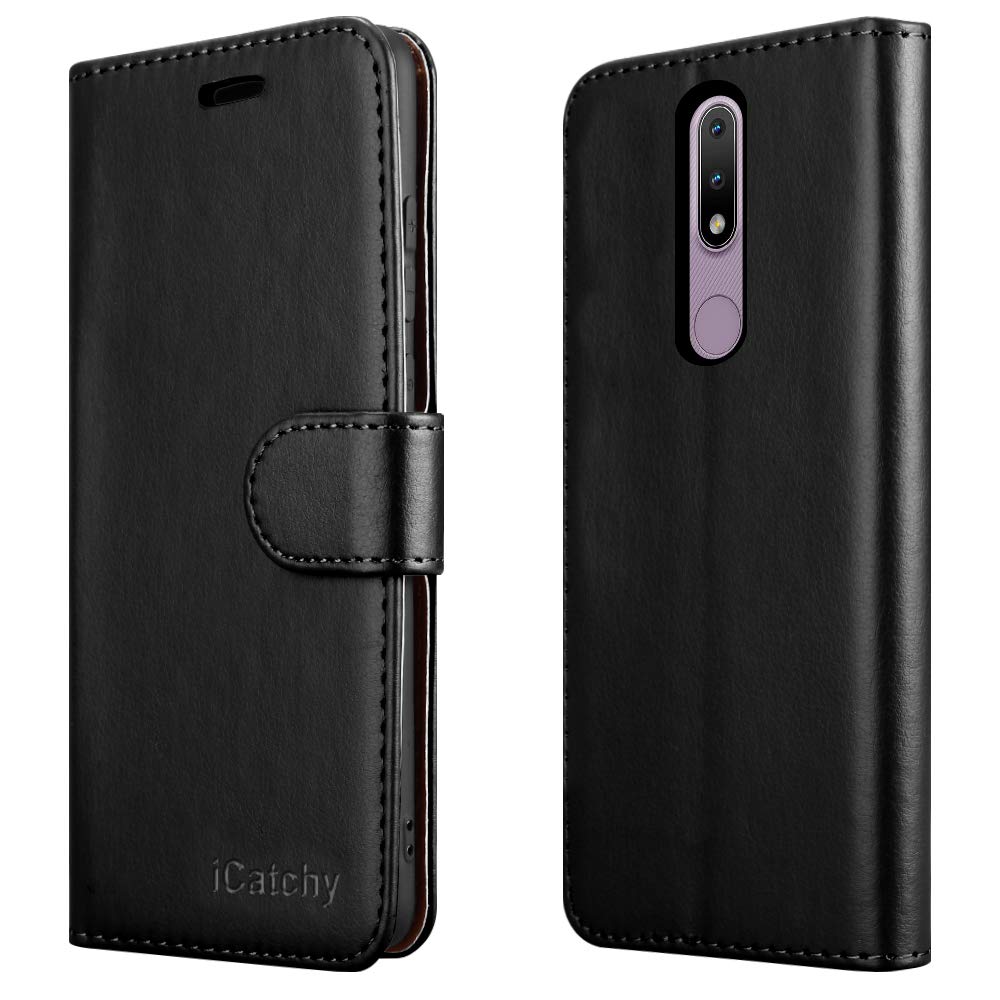 iCatchy For Nokia 2.4 Case Leather Wallet Book Flip Folio Stand View Cover Pouch for Nokia 2.4 (6.5'') Phone Case (Black)