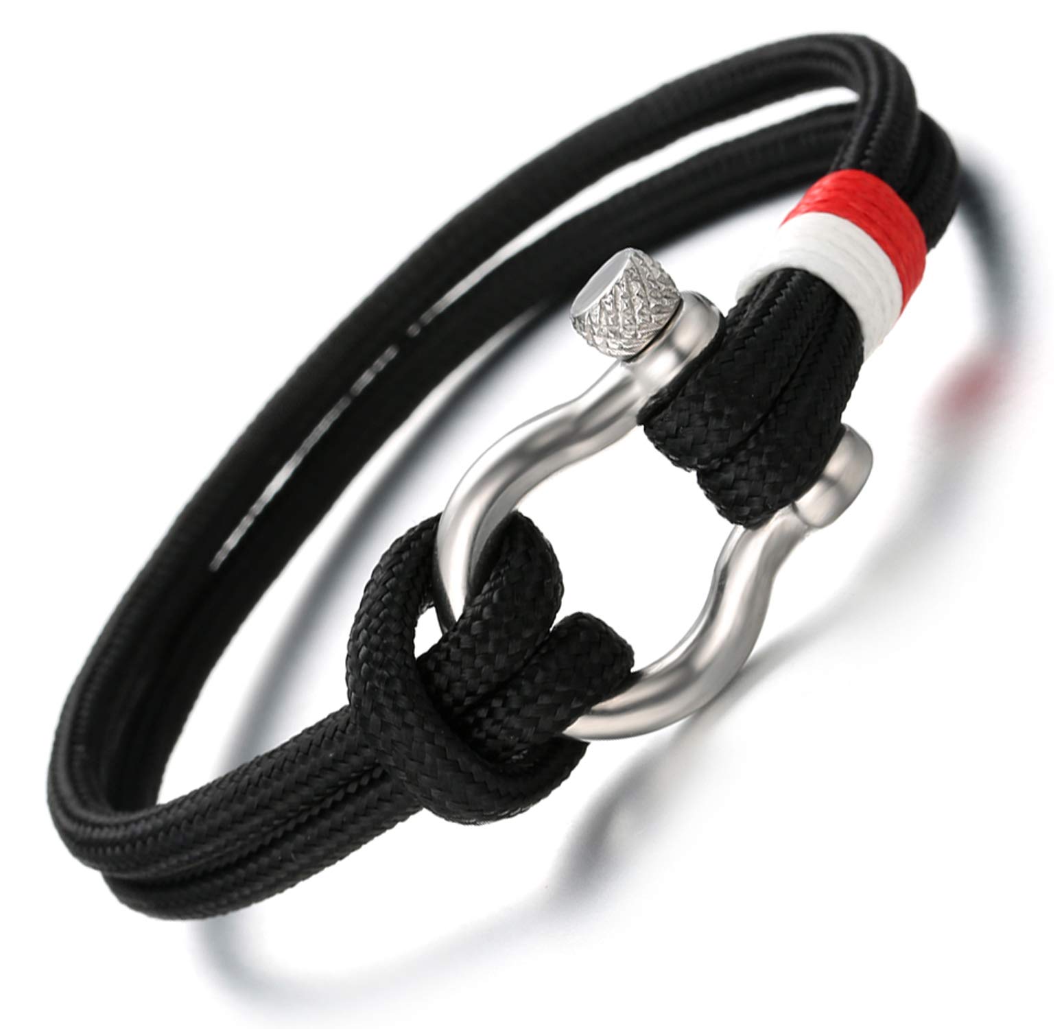 HALUKAKAH ● SAIL ● Men's Nylon Rope Cord Bracelet Multilayer Gun Black Handmade Silver Screw Clasp 8.26"/21cm with Free Giftbox