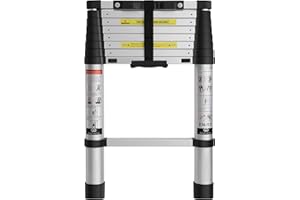 Grefinity 8.5 FT Aluminum Telescoping Ladder, One Button Retraction Extension Ladder, 375 lbs Load Capacity with Non-Slip Wide Feet, Compact Portable for Indoor Outdoor Use, RV, Attic and Roof Use
